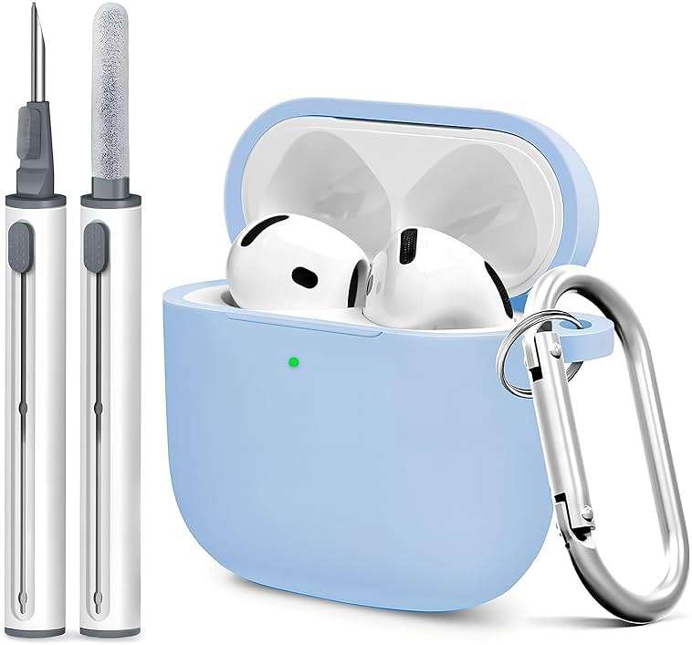 Woyinger for Airpods 4th Case Cover, Come with Cleaner Kit,Soft Skin Silicone Case Cover with Keychain, Full Protective Case for Men and Women, Compatible with AirPods 4th Generation Case,Sky Blue - Image 1