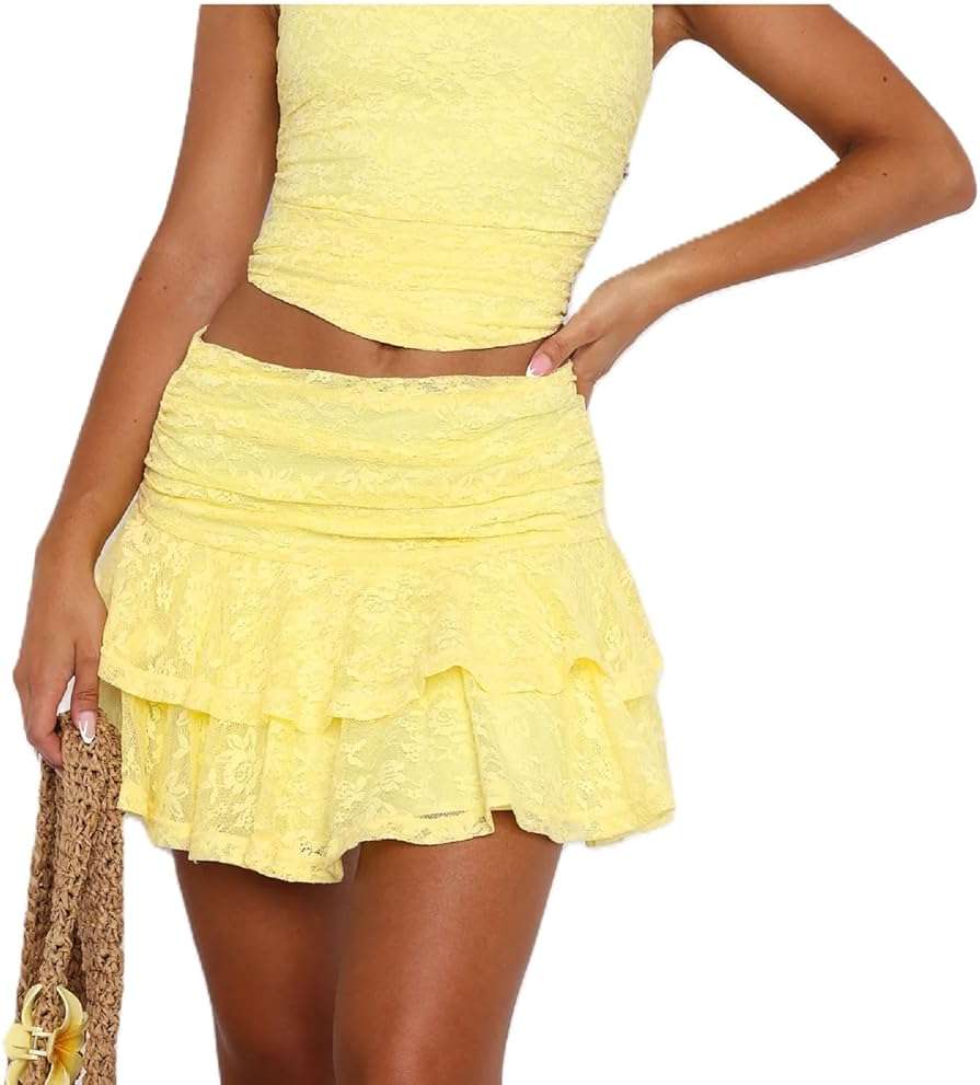 Women Y2K Lace Mini Skirt Low Rise Elastic Sexy Ruffle Hem Micro Skirt Layered Pleated Flowy Short Skirts Streetwear - Image 1