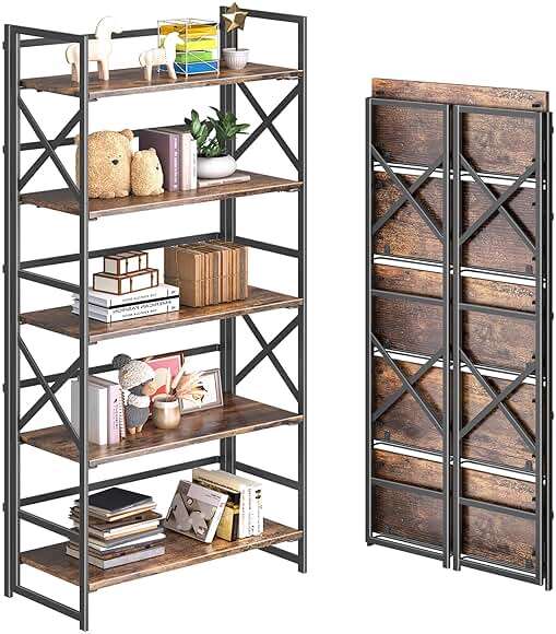 4NM 5 Tiers No Assembly Book Shelves, 51.2" H Folding Bookshelf Bookcase Open Industrial Foldable Shelves for Bedroom, Living Room, Home Office - Rustic Brown Black - Image 1