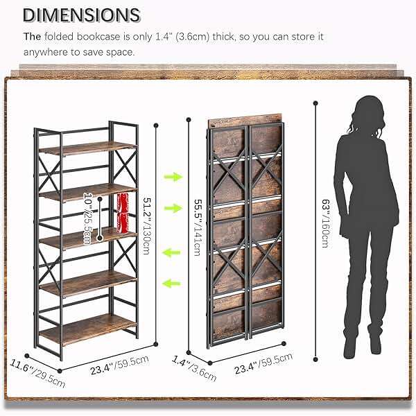 4NM 5 Tiers No Assembly Book Shelves, 51.2" H Folding Bookshelf Bookcase Open Industrial Foldable Shelves for Bedroom, Living Room, Home Office - Rustic Brown Black - Image 2