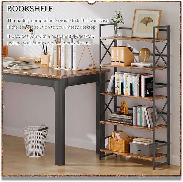 4NM 5 Tiers No Assembly Book Shelves, 51.2" H Folding Bookshelf Bookcase Open Industrial Foldable Shelves for Bedroom, Living Room, Home Office - Rustic Brown Black - Image 3