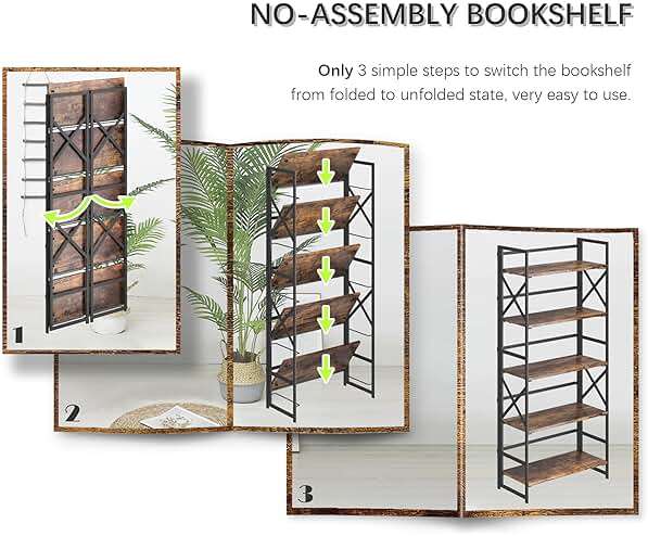 4NM 5 Tiers No Assembly Book Shelves, 51.2" H Folding Bookshelf Bookcase Open Industrial Foldable Shelves for Bedroom, Living Room, Home Office - Rustic Brown Black - Image 6