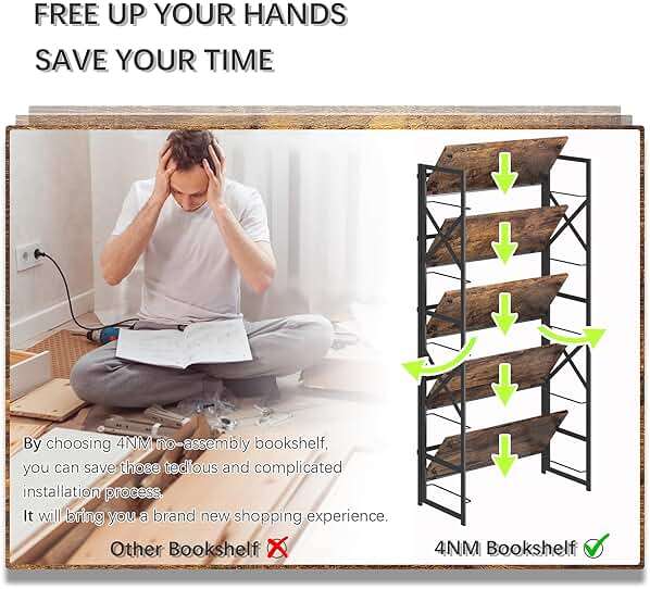 4NM 5 Tiers No Assembly Book Shelves, 51.2" H Folding Bookshelf Bookcase Open Industrial Foldable Shelves for Bedroom, Living Room, Home Office - Rustic Brown Black - Image 7