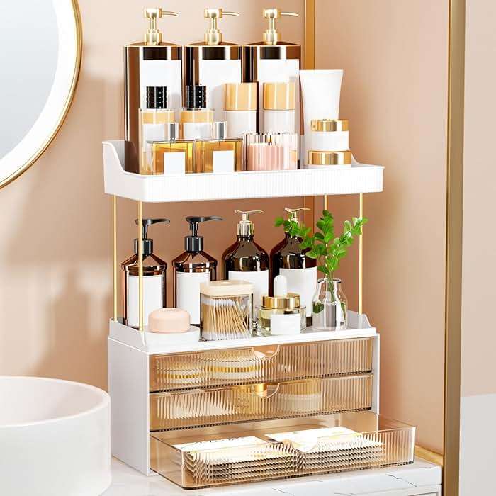 StorBin 3 Large Drawers Makeup Organizer - 5 Tier Bathroom Counter Organizers and Storage, Versatile Perfume Vanity Organizer, Ideal for Cosmetic, Large Skincare, Face Mask, Office Supplies, Amber - Image 1