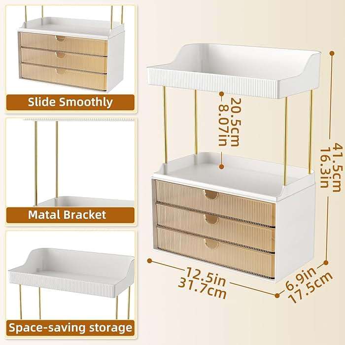 StorBin 3 Large Drawers Makeup Organizer - 5 Tier Bathroom Counter Organizers and Storage, Versatile Perfume Vanity Organizer, Ideal for Cosmetic, Large Skincare, Face Mask, Office Supplies, Amber - Image 2