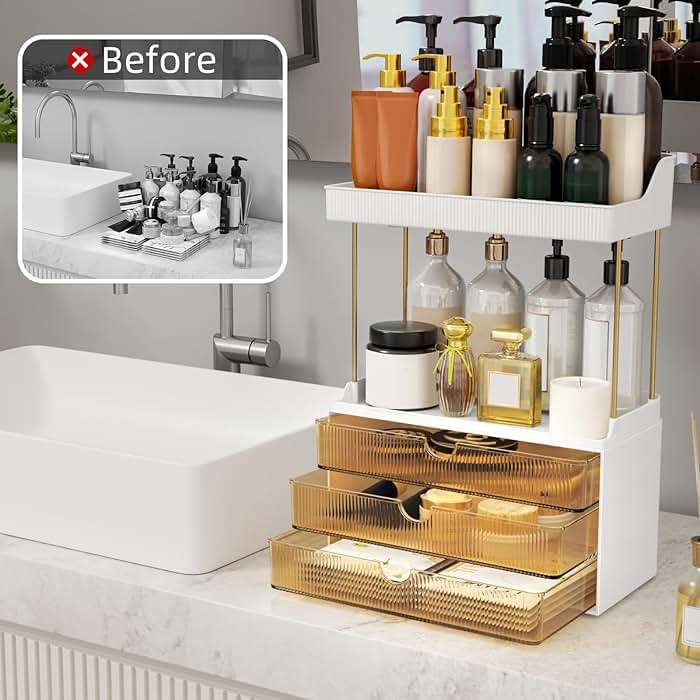 StorBin 3 Large Drawers Makeup Organizer - 5 Tier Bathroom Counter Organizers and Storage, Versatile Perfume Vanity Organizer, Ideal for Cosmetic, Large Skincare, Face Mask, Office Supplies, Amber - Image 4