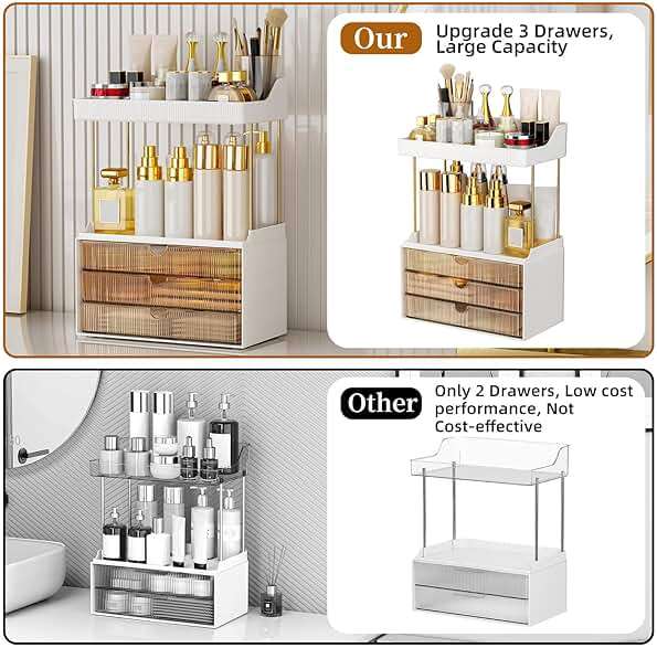 StorBin 3 Large Drawers Makeup Organizer - 5 Tier Bathroom Counter Organizers and Storage, Versatile Perfume Vanity Organizer, Ideal for Cosmetic, Large Skincare, Face Mask, Office Supplies, Amber - Image 7