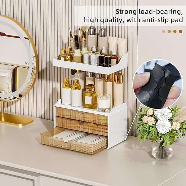 StorBin 3 Large Drawers Makeup Organizer - 5 Tier Bathroom Counter Organizers and Storage, Versatile Perfume Vanity Organizer, Ideal for Cosmetic, Large Skincare, Face Mask, Office Supplies, Amber - Image 8