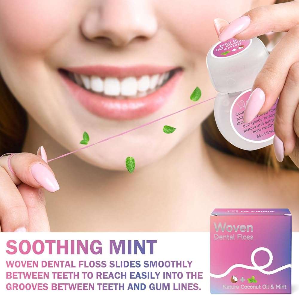 Dr. Emma Woven Dental Floss Coconut Oil Infused Expanding Dental Floss, Oral Care Stretchable Floss, Mint 33yd Pink, Pack of 2 - Image 2