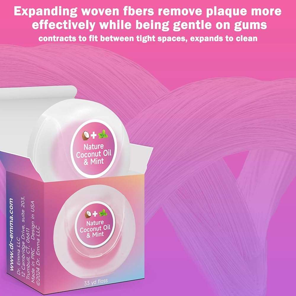 Dr. Emma Woven Dental Floss Coconut Oil Infused Expanding Dental Floss, Oral Care Stretchable Floss, Mint 33yd Pink, Pack of 2 - Image 4