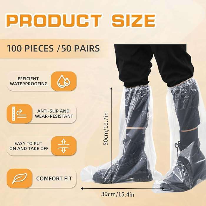 100 Pcs Disposable Thicker Boot and Shoe Covers,19 inch Tall Large,Waterproof Anti-Slip Overshoe (50 Pairs),Outdoor Indoors Overshoes, Fit Up To Men's 11 & Women's 13 (Clear) - Image 4