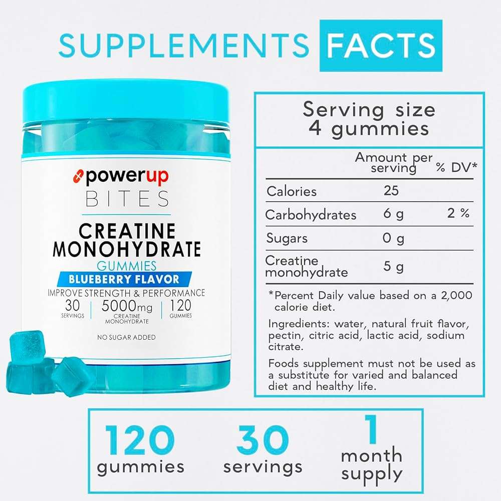 PowerUp Bites Creatine Monohydrate Gummies Blueberry for Men & Women, 100% Creatine Blueberry Gummies, 5g per Serving + Vegan, Sugar Free + Strength, Energy, Muscle & Booty Gain - 120 Count - Image 7