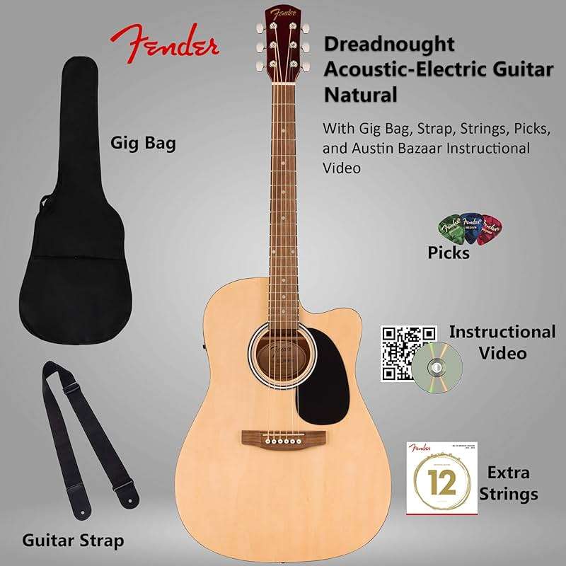 Fender Redondo CE Dreadnought Acoustic-Electric Guitar - Natural Bundle with Gig Bag, Strap, Strings, Picks, and Austin Bazaar Instructional DVD - Image 2