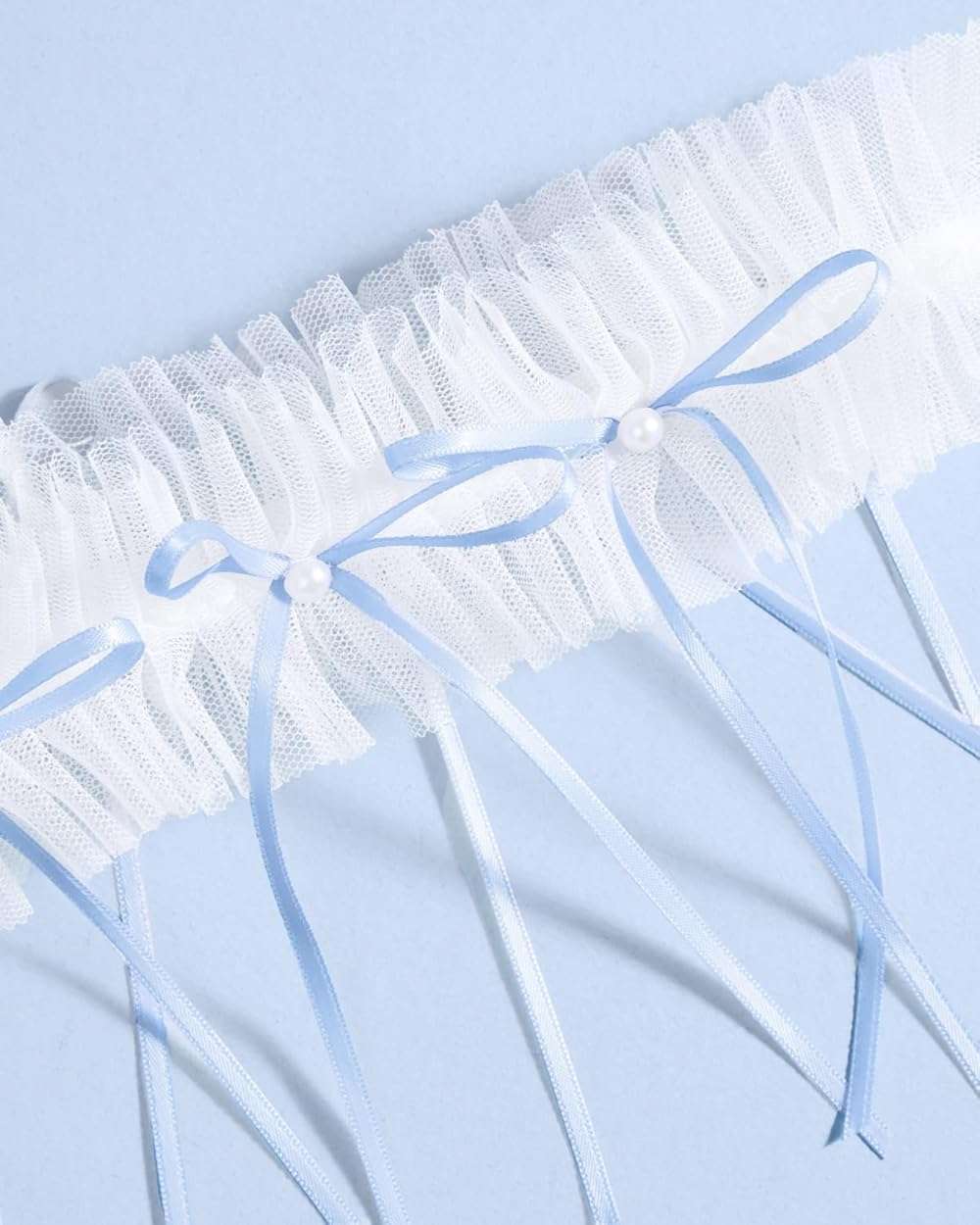 xo, Fetti White Tulle Ruffle Bridal Garter + Blue Pearl Bows | Bride to Be Accessory, Bridal Shower Outfit, Wedding Something Blue Decorations, Engagement Gift - Image 2