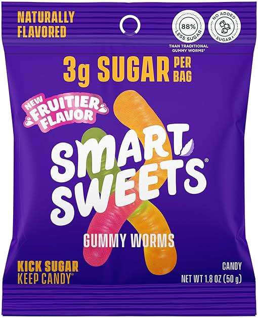 SmartSweets Gummy Worms, Gluten Free Gummies, Healthy Snacks for Adults & Kids, Fun Chewy Candy, Low Calorie, Low Sugar, Fruit Flavored Snack, No Artificial Sweeteners, 50g Bags, 14 Pack - Image 1
