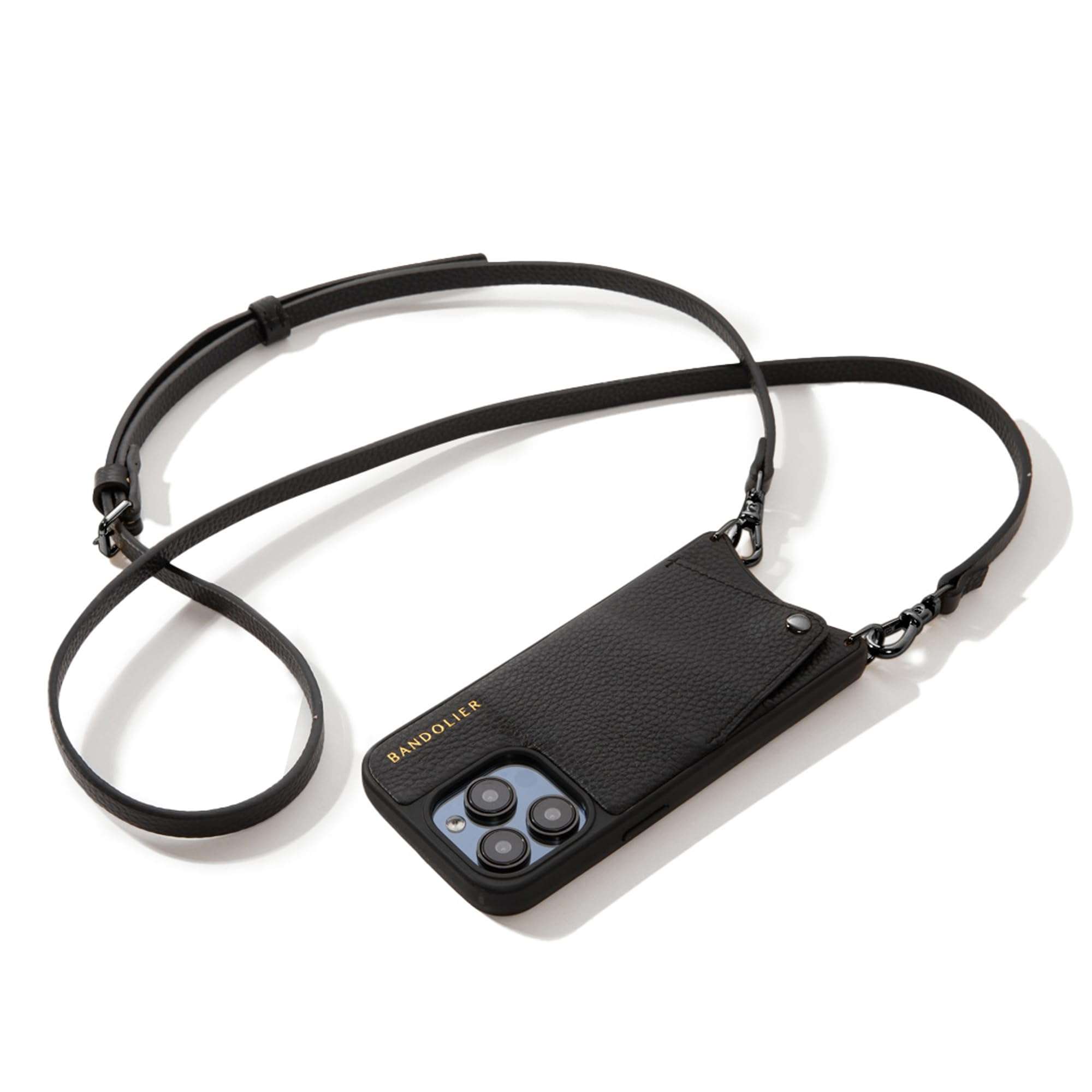 Bandolier Emma Crossbody Wallet Phone Case for iPhone 16 Pro Max. 100% Genuine Pebble Leather. Adjustable & Removable Crossbody Strap. Card Holder with Snap Closure. Black with Pewter Hardware - Image 1