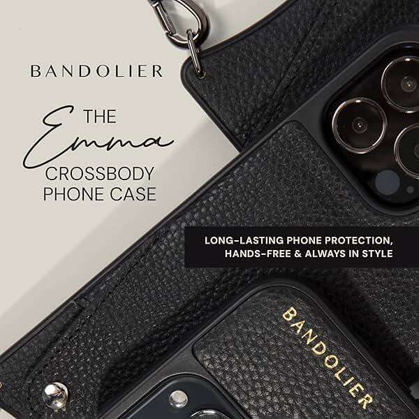 Bandolier Emma Crossbody Wallet Phone Case for iPhone 16 Pro Max. 100% Genuine Pebble Leather. Adjustable & Removable Crossbody Strap. Card Holder with Snap Closure. Black with Pewter Hardware - Image 8