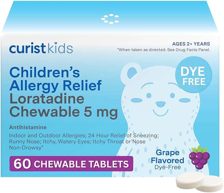 Curist Children's Allergy Medicine Chewable (Kids Loratadine 5mg) 60 Count Grape Flavor - 24 Hour Allergy Relief for Sneezing, Runny Nose, Itchy Eyes & Throat - Kids Allergy Medicine Chewable Tablets - Image 1