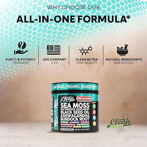 Clean Nutra Organic Sea Moss Capsules with Ashwagandha, Black Seed Oil, Burdock Root, Bladderwrack, Moringa, Chlorella, Spirulina, Turmeric, Elderberry, Amla � 90 Vegan Capsules � MiracleMin - Image 7
