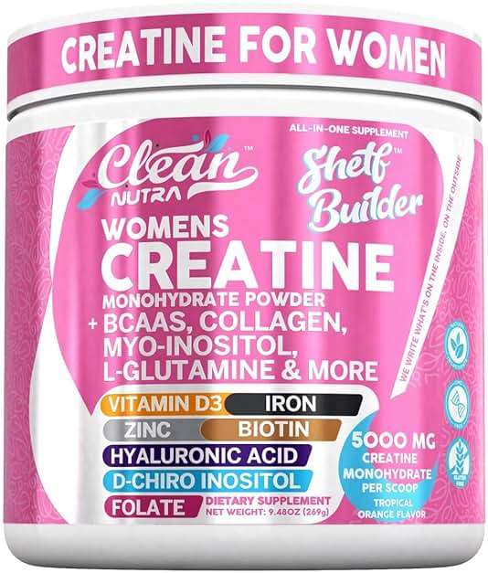 Creatine for Women | Creatine Monohydrate + BCAA Powder Myo-Inositol Collagen Biotin Hyaluronic Acid Folate L Glutamine Vitamin D3 Iron Zinc D-Chiro-Maca Digestion Shelf Builder By Clean Nutra - Image 1