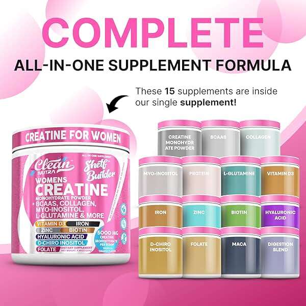 Creatine for Women | Creatine Monohydrate + BCAA Powder Myo-Inositol Collagen Biotin Hyaluronic Acid Folate L Glutamine Vitamin D3 Iron Zinc D-Chiro-Maca Digestion Shelf Builder By Clean Nutra - Image 2