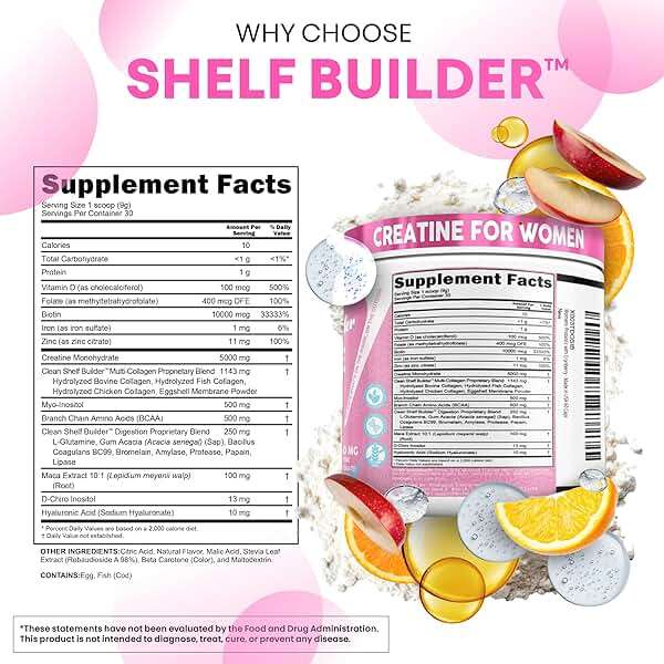 Creatine for Women | Creatine Monohydrate + BCAA Powder Myo-Inositol Collagen Biotin Hyaluronic Acid Folate L Glutamine Vitamin D3 Iron Zinc D-Chiro-Maca Digestion Shelf Builder By Clean Nutra - Image 4