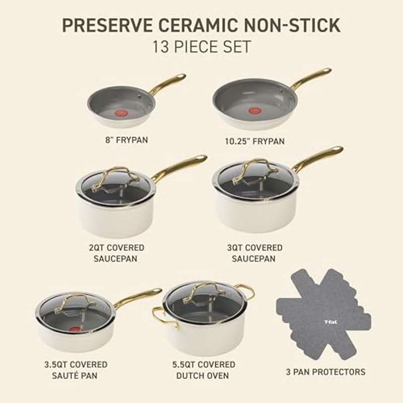 T-fal Preserve Ceramic, Non stick Cookware Set 13-Piece, Oven & Broiler Safe up to 350°F, Includes Stockpot, Saucepans, Frying Pans, Protectors, Pots and Pans, Beige - Image 2