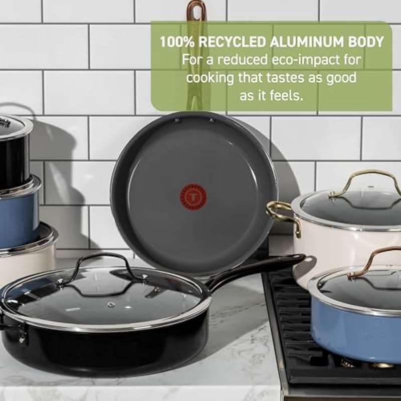 T-fal Preserve Ceramic, Non stick Cookware Set 13-Piece, Oven & Broiler Safe up to 350°F, Includes Stockpot, Saucepans, Frying Pans, Protectors, Pots and Pans, Beige - Image 3