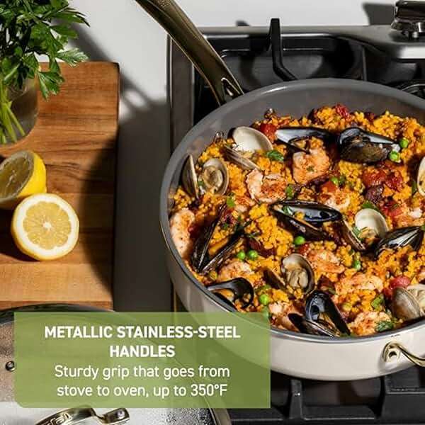 T-fal Preserve Ceramic, Non stick Cookware Set 13-Piece, Oven & Broiler Safe up to 350°F, Includes Stockpot, Saucepans, Frying Pans, Protectors, Pots and Pans, Beige - Image 5