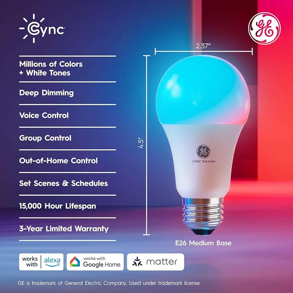 Cync GE A19 LED Smart Light Bulbs, Room Decor Aesthetic Bluetooth and WiFi Color Changing Lights, LED Indoor Light Bulb, Compatible with Alexa and Google (2 Pack) - Image 2