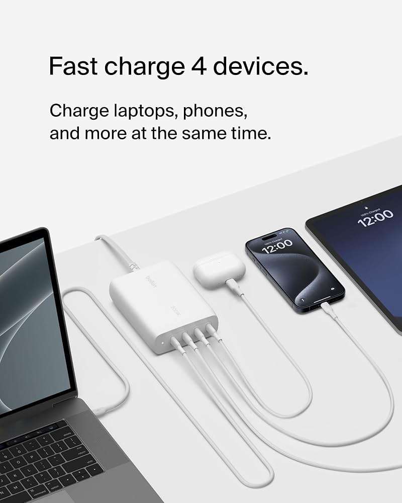 Belkin 4-Port USB C Charger Block 200W - GaN Multi-Port Charger USB-C PD3.1 Fast Charge + 5ft Power Cord - MacBook, iPhone 17, Air, iPad, Samsung Galaxy S25, Google Pixel 10, Nintendo Switch 2 - White - Image 2