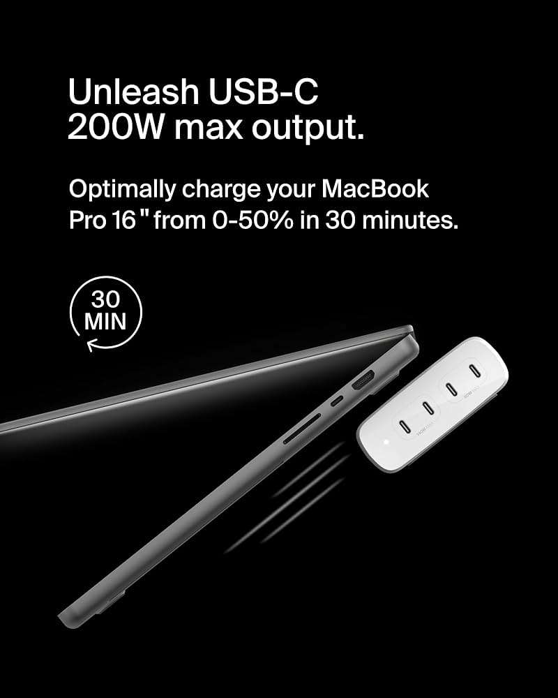 Belkin 4-Port USB C Charger Block 200W - GaN Multi-Port Charger USB-C PD3.1 Fast Charge + 5ft Power Cord - MacBook, iPhone 17, Air, iPad, Samsung Galaxy S25, Google Pixel 10, Nintendo Switch 2 - White - Image 3