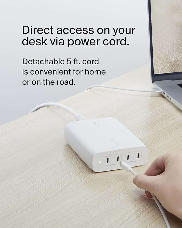 Belkin 4-Port USB C Charger Block 200W - GaN Multi-Port Charger USB-C PD3.1 Fast Charge + 5ft Power Cord - MacBook, iPhone 17, Air, iPad, Samsung Galaxy S25, Google Pixel 10, Nintendo Switch 2 - White - Image 4