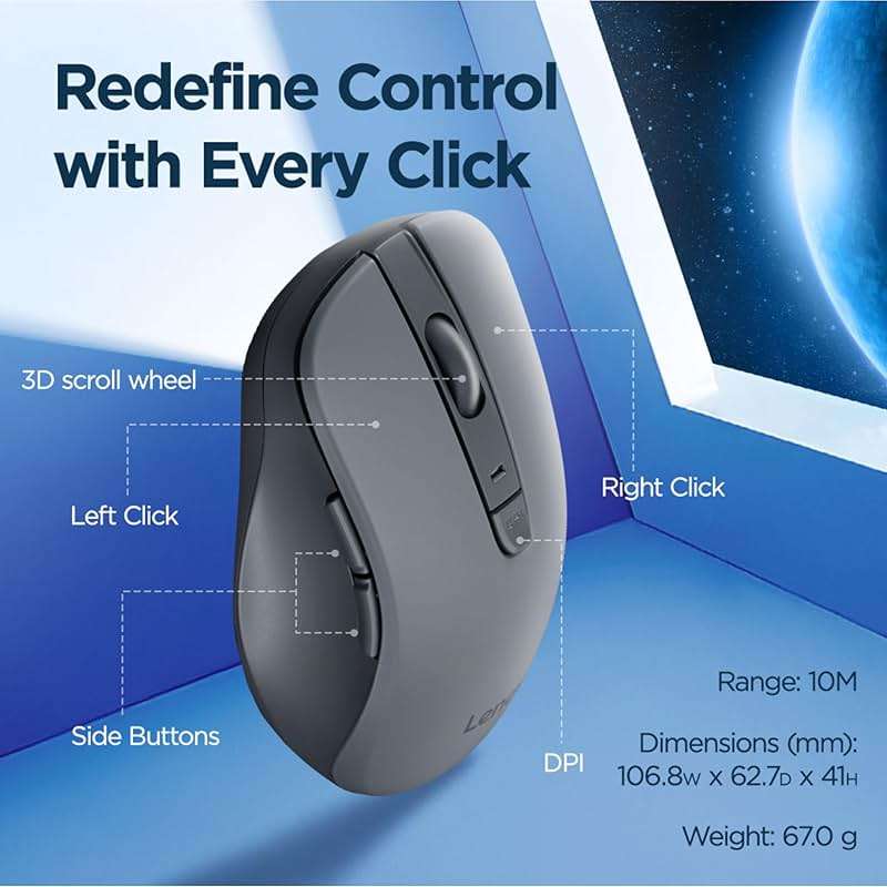 Lenovo WL310 Bluetooth Silent Mouse, Ergonomic, Adjustable DPI, Silent Clicks, Bluetooth 5.0, Portable for Windows, Mac, and Chromebook, Grey - Image 5