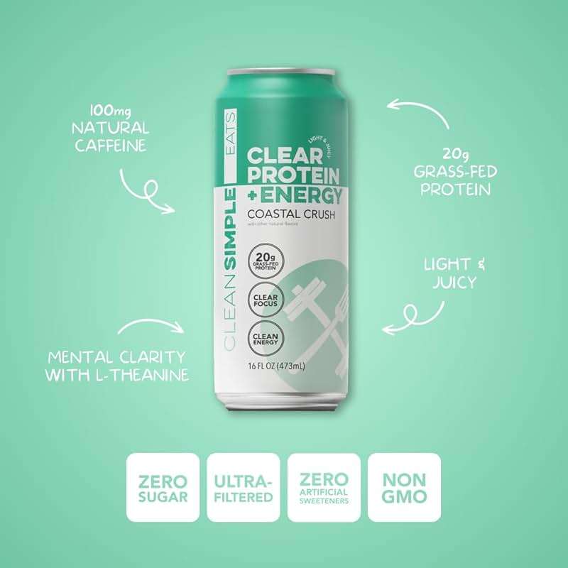 Clean Simple Eats Clear Protein + Energy Drink, 20G Grass Fed Whey Protein Isolate, 100MG Natural Caffeine, L Theanine & Cognatiq, No Artificial Ingredients, Coastal Crush Flavor, 16 Oz Cans, 12 Pack - Image 4