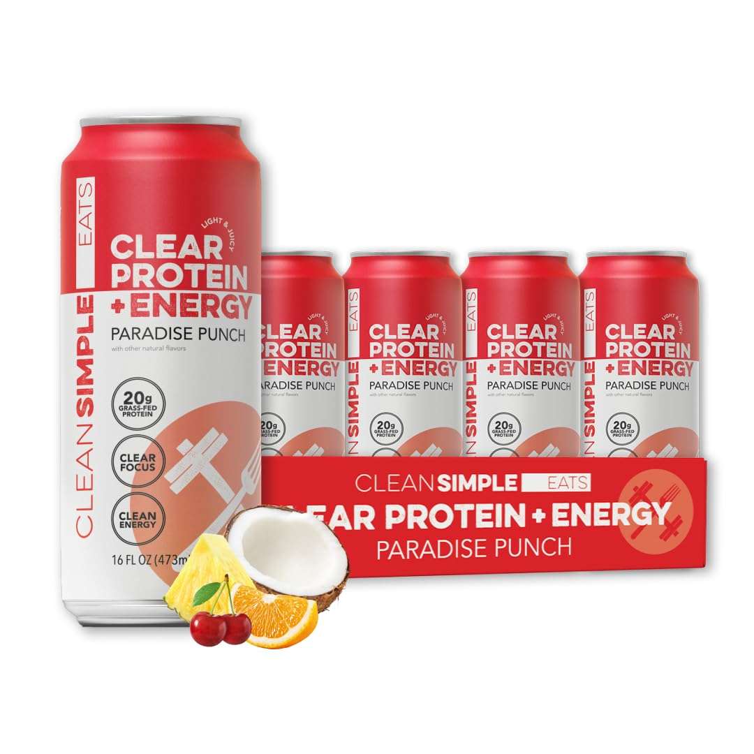 Clean Simple Eats Clear Protein + Energy Drink, 20G Grass Fed Whey Protein Isolate, 100MG Natural Caffeine, L Theanine & Cognatiq, No Artificial Ingredients, Paradise Punch Flavor, 16 Oz Cans, 12 Pack - Image 1
