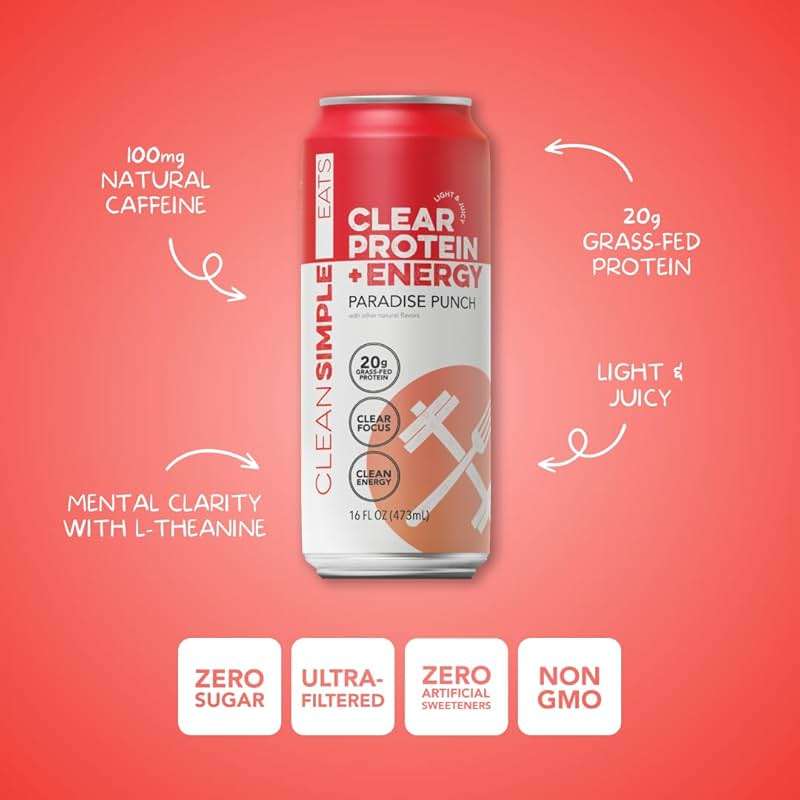 Clean Simple Eats Clear Protein + Energy Drink, 20G Grass Fed Whey Protein Isolate, 100MG Natural Caffeine, L Theanine & Cognatiq, No Artificial Ingredients, Paradise Punch Flavor, 16 Oz Cans, 12 Pack - Image 4
