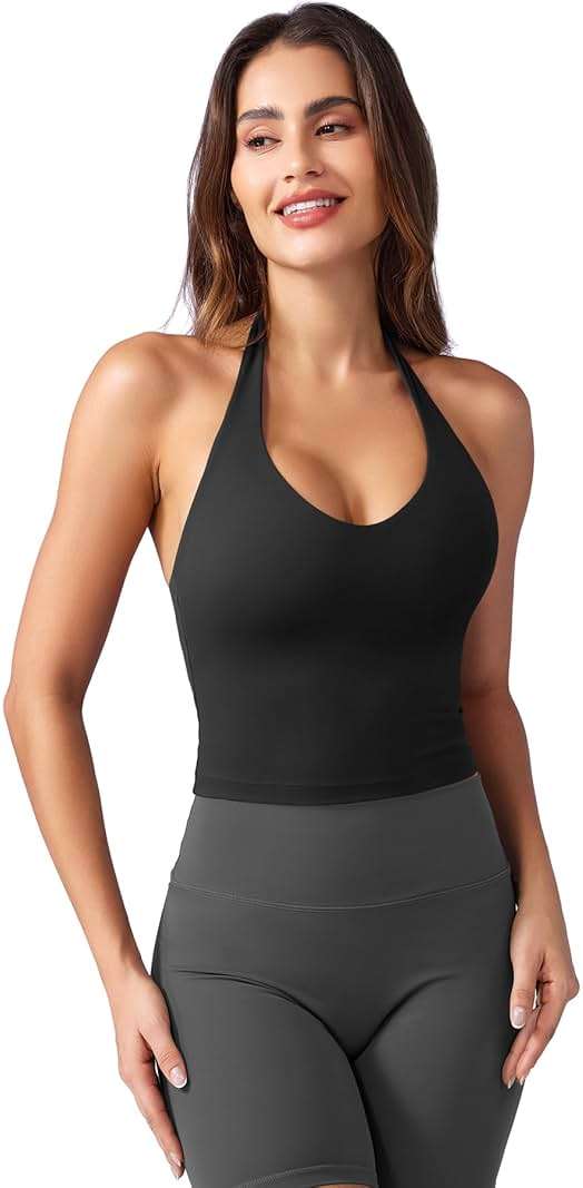 YEOREO Women's Halter Crop Top V Neck Workout Going Out Tank Top Padded Sleeveless Backless Trendy Summer Camisole - Image 3