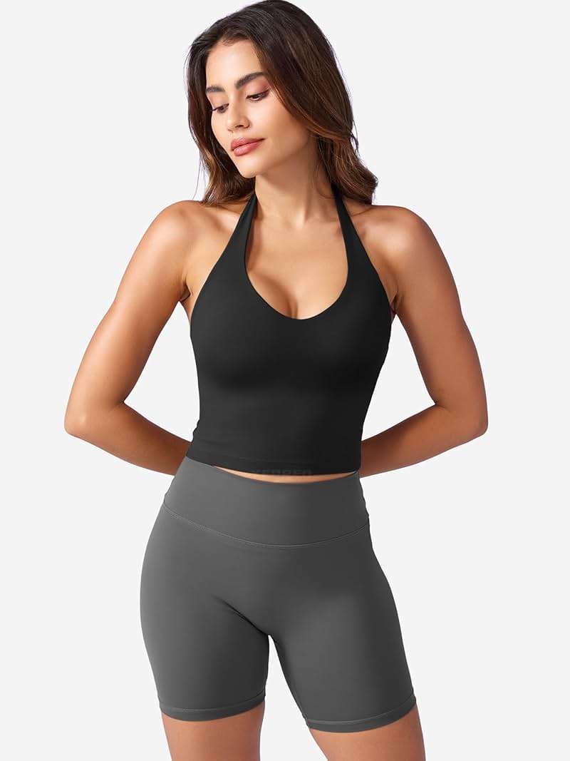YEOREO Women's Halter Crop Top V Neck Workout Going Out Tank Top Padded Sleeveless Backless Trendy Summer Camisole - Image 5