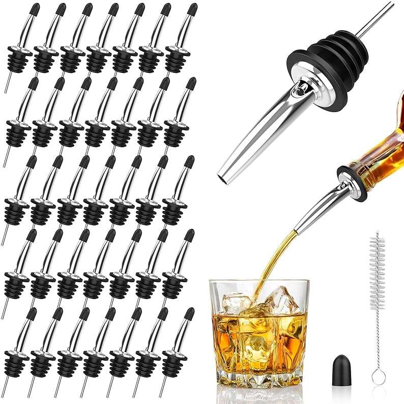 36-Pack Stainless Steel Pour Spouts for Liquor Bottles, Oil, Vinegar, and Wine – Liquor Bottle Pourers with Rubber Dust Caps – Bar Pourers for Bartending - Image 1