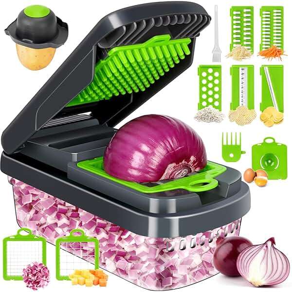 Yusshn Vegetable Chopper,12-in-1 Multifunctional Food Chopper,Professional Onion Chopper with 7 Blades,Vegetable Cutter with Container for Salad,Potato,Carrot,and Garlic; Essential Kitchen Tool(Grey) - Image 1
