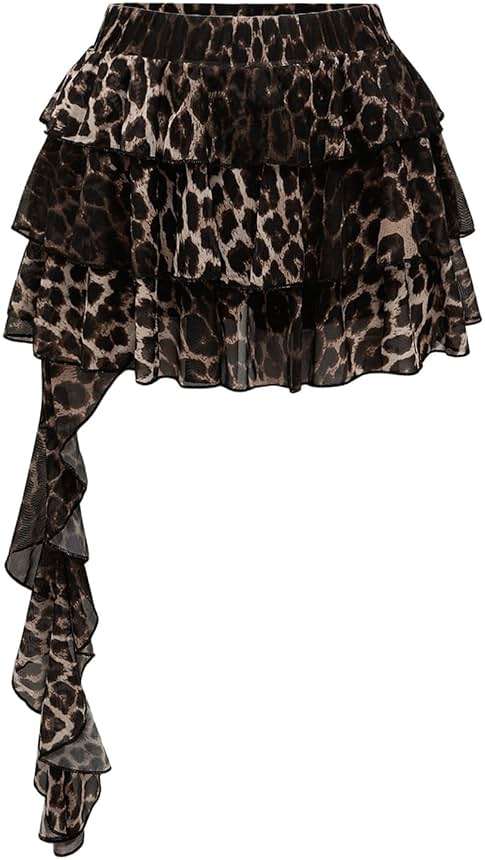 BEAUDRM Women's Y2K Cheetah Print Ruffle Skirt Leopard Tiered Layered A Line Grunge Punk Mini Skirts - Image 1