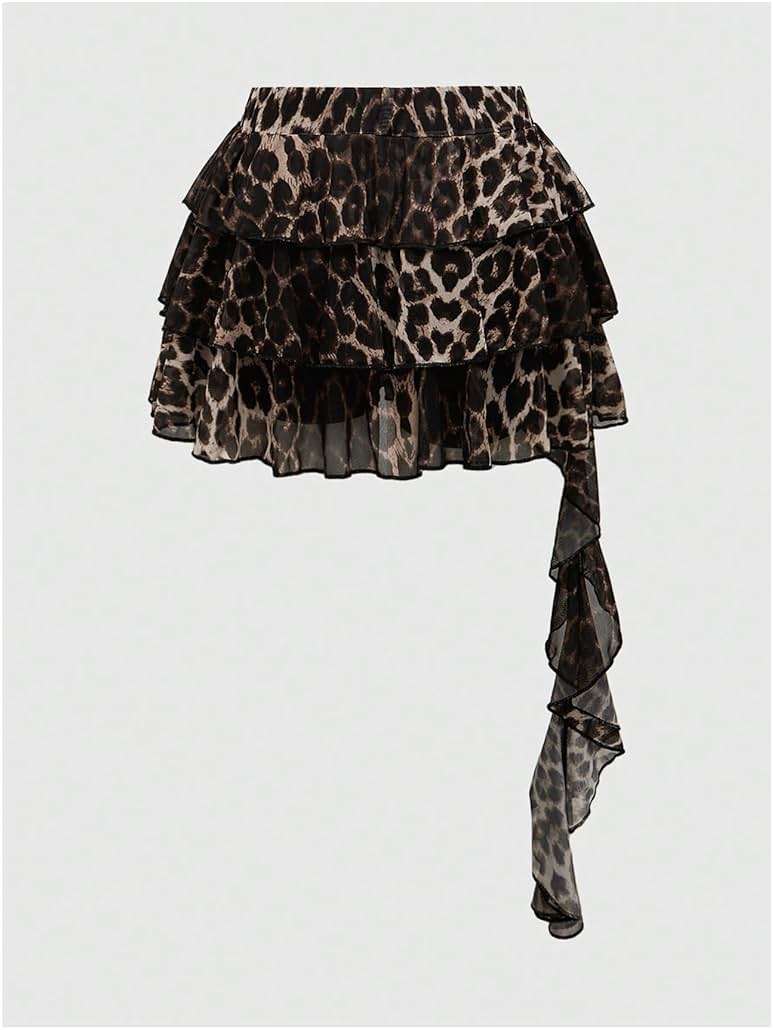 BEAUDRM Women's Y2K Cheetah Print Ruffle Skirt Leopard Tiered Layered A Line Grunge Punk Mini Skirts - Image 3