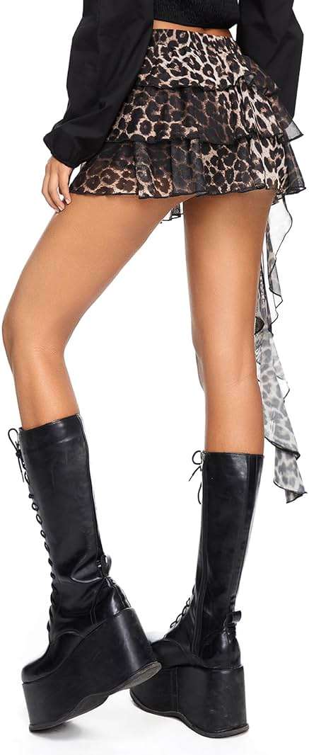 BEAUDRM Women's Y2K Cheetah Print Ruffle Skirt Leopard Tiered Layered A Line Grunge Punk Mini Skirts - Image 4