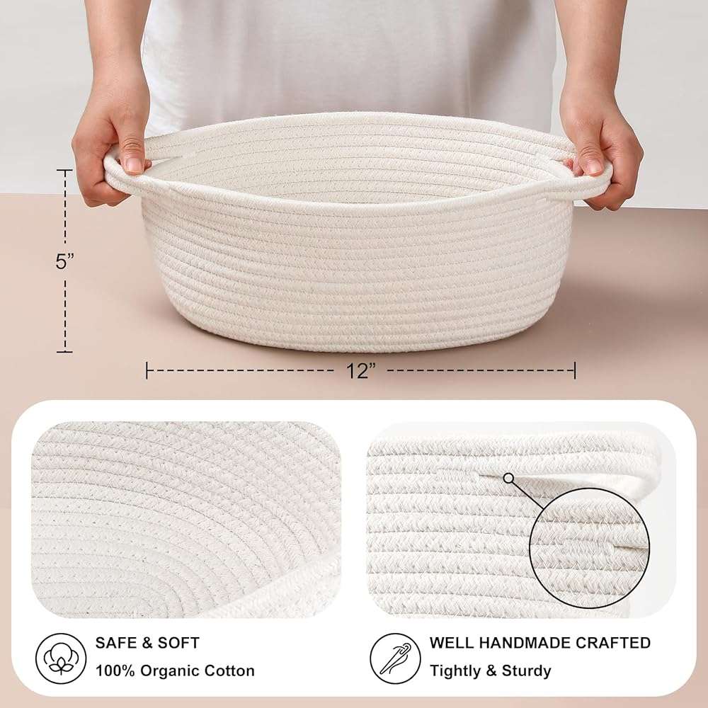 8 Pack Small Woven Basket with Gift Bags and Ribbons, All 12"x 8"x 5", Empty Decorative Gift Chest Box, Cute Baby Gift Basket for Nursery, Cotton Rope Room Shelf Storage Basket with Handles, White - Image 3