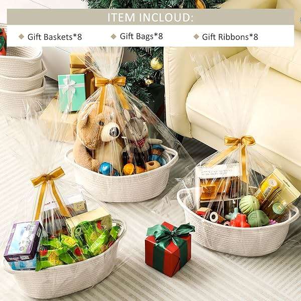 8 Pack Small Woven Basket with Gift Bags and Ribbons, All 12"x 8"x 5", Empty Decorative Gift Chest Box, Cute Baby Gift Basket for Nursery, Cotton Rope Room Shelf Storage Basket with Handles, White - Image 4