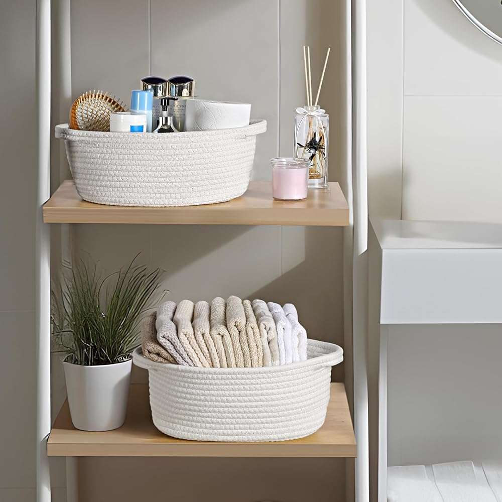 8 Pack Small Woven Basket with Gift Bags and Ribbons, All 12"x 8"x 5", Empty Decorative Gift Chest Box, Cute Baby Gift Basket for Nursery, Cotton Rope Room Shelf Storage Basket with Handles, White - Image 6