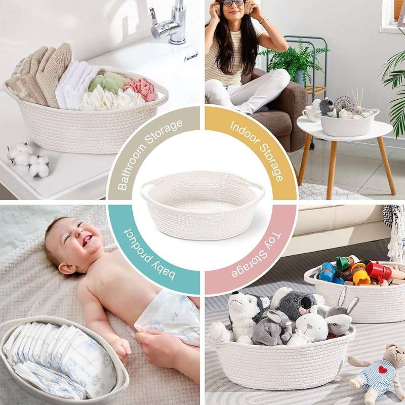 8 Pack Small Woven Basket with Gift Bags and Ribbons, All 12"x 8"x 5", Empty Decorative Gift Chest Box, Cute Baby Gift Basket for Nursery, Cotton Rope Room Shelf Storage Basket with Handles, White - Image 7