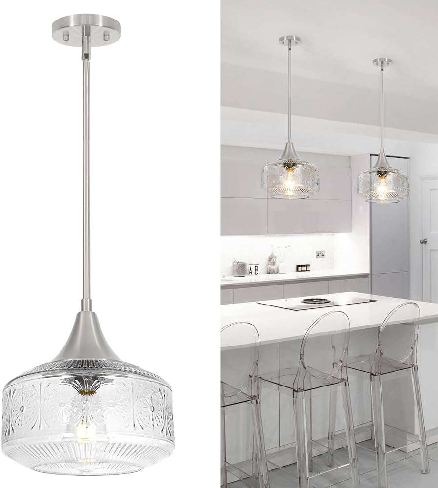 Brushed Nickel Pendant Light, Pendant Lights Kitchen Island with Large Globe Glass Lampshade, Pendant Light Fixtures with Adjustable Cable, Hanging Light for Dining Room Bathroom Bedroom, E26 Base - Image 1