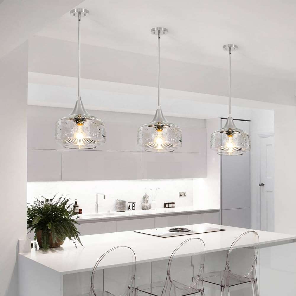 Brushed Nickel Pendant Light, Pendant Lights Kitchen Island with Large Globe Glass Lampshade, Pendant Light Fixtures with Adjustable Cable, Hanging Light for Dining Room Bathroom Bedroom, E26 Base - Image 2